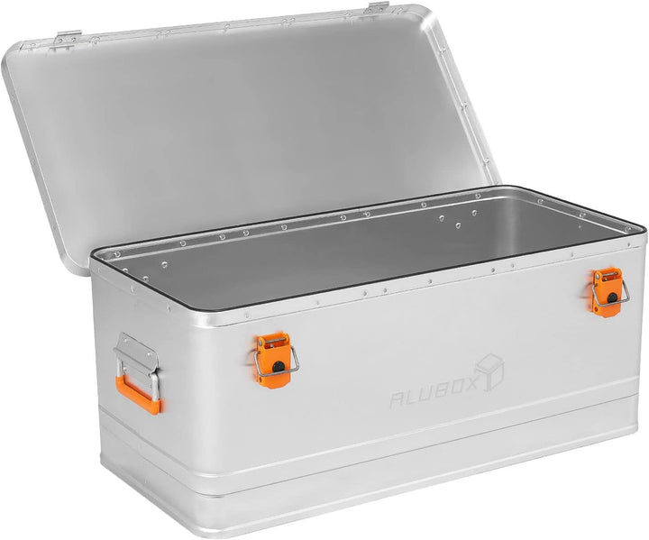 Alubox Werkzeugtruhe EASY 81 Liter Werkzeugkiste silber Alu glänzend - orange Schnallen - Aussenmass