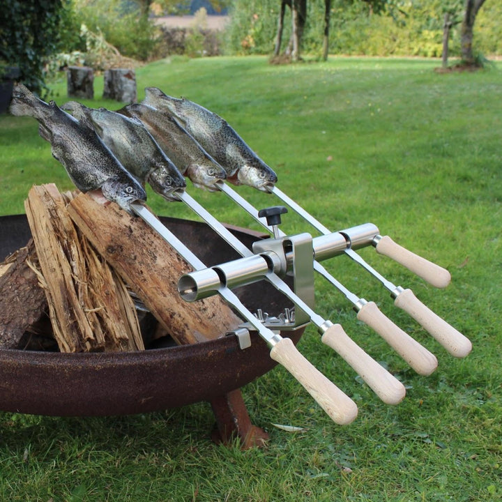 SCHILLING Fischgrilltechnik/Steckerlfisch Halter/Feuerschale/Edelstahlspiesse / 4 Fische