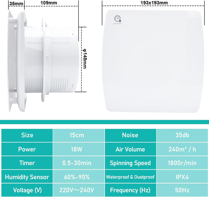 Badlüfter 150mm mit Feuchtigkeitssensor und Rückstauklappe timer, Bad Lüfter Badezimmerlüfter Abluft