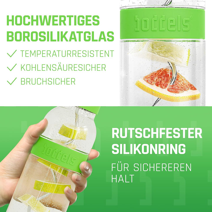 boddels Glaskaraffe mit Deckel und Sieb 1.100ml, Rutschfester Griff, Glaskaraffe mit Fruchteinsatz,
