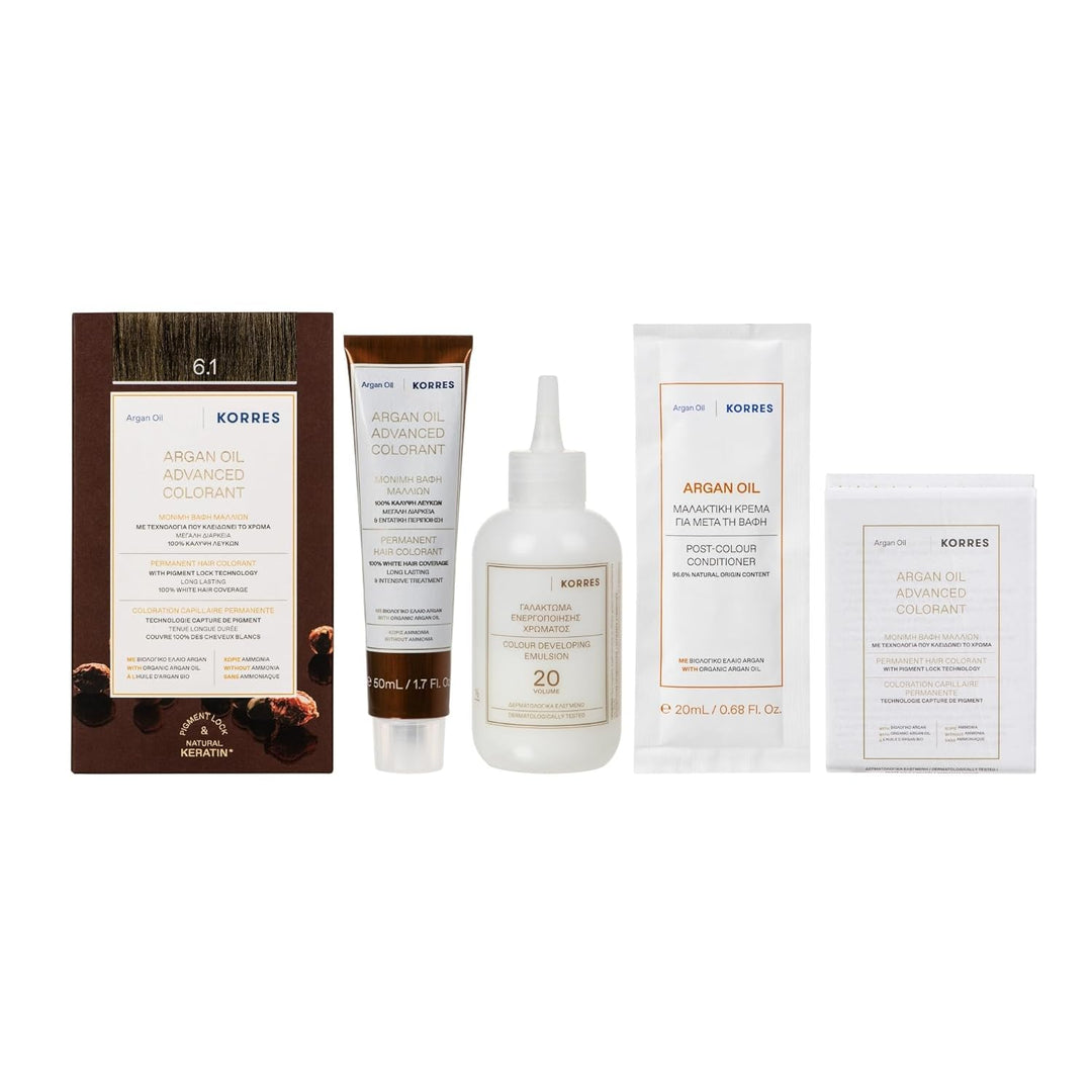 KORRES Argan Oil Colorant – ammoniakfreie Haarfarbe Dunkelblond Asch 6.1 – 100% Grauhaarabdeckung &
