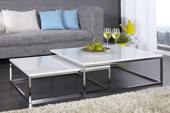 LEBENSwohnART 2er Set Design Couchtisch MENTO Weiss Hochglanz Chromgestell 75/65cm