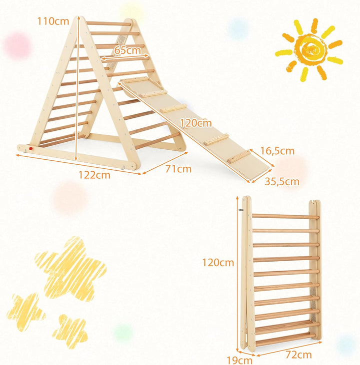 COSTWAY Kletterdreieck klappbar, Klettergerüst mit Leiter aus Holz, Sprossendreieck zur Entwicklung
