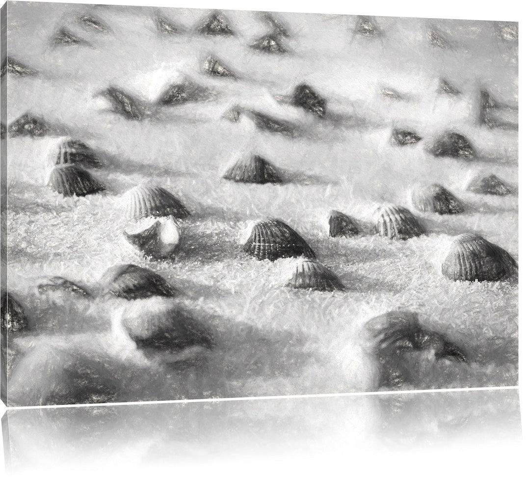 Pixxprint Muscheln im Sand Kunst als Leinwandbild/Grösse: 100x70 / Wandbild/Kunstdruck/fertig bespan