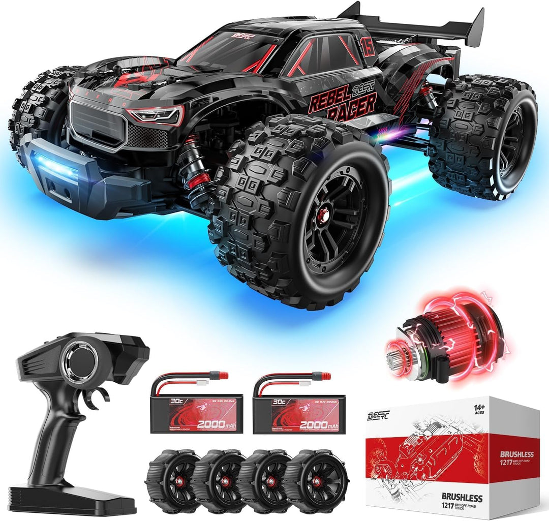DEERC 1:14 Brushless RC Auto für Erwachsene, 46+ mph Off-Road, 2 * 3S Lipo, 4WD wasserdicht, 7 Licht