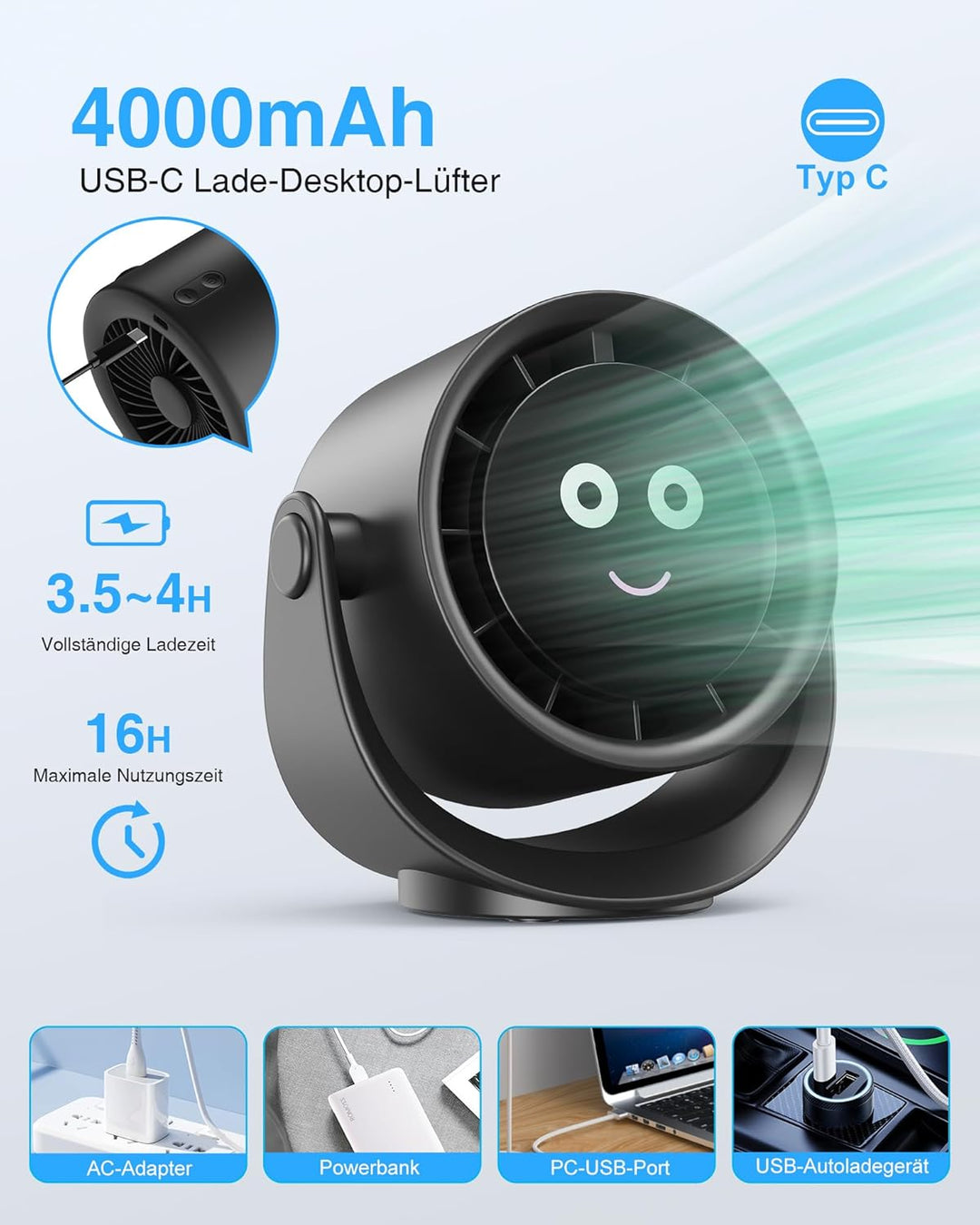 USB Ventilator, Kleiner Tischventilator mit 5 Geschwindigkeiten, LED Display, 360° Drehung Ventilato