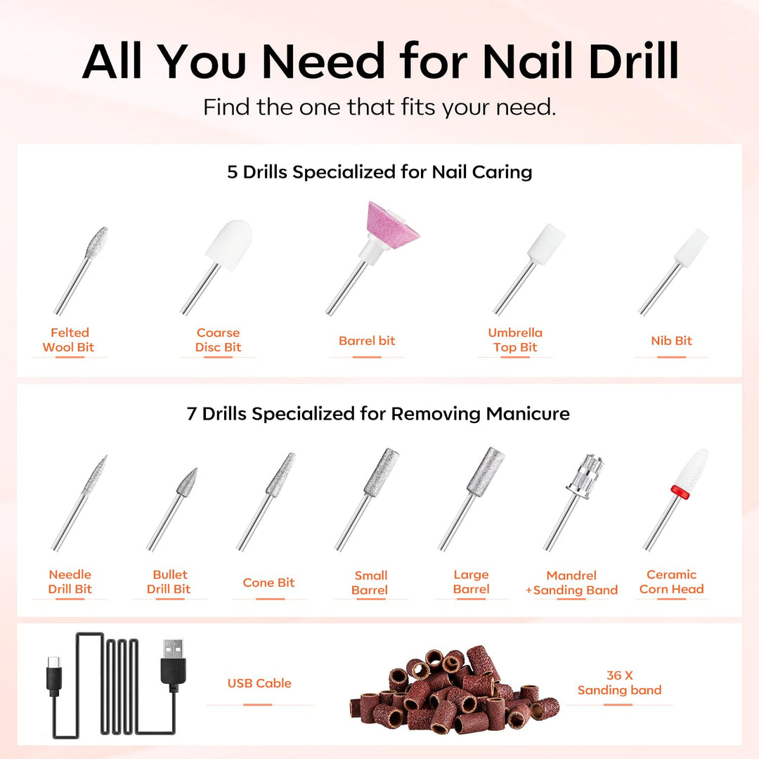 modelones Nagelfräser Kabellos, 13 in 1 Fräser für Gelnägel 22000 u/Min, Maniküre und Pediküre Set,