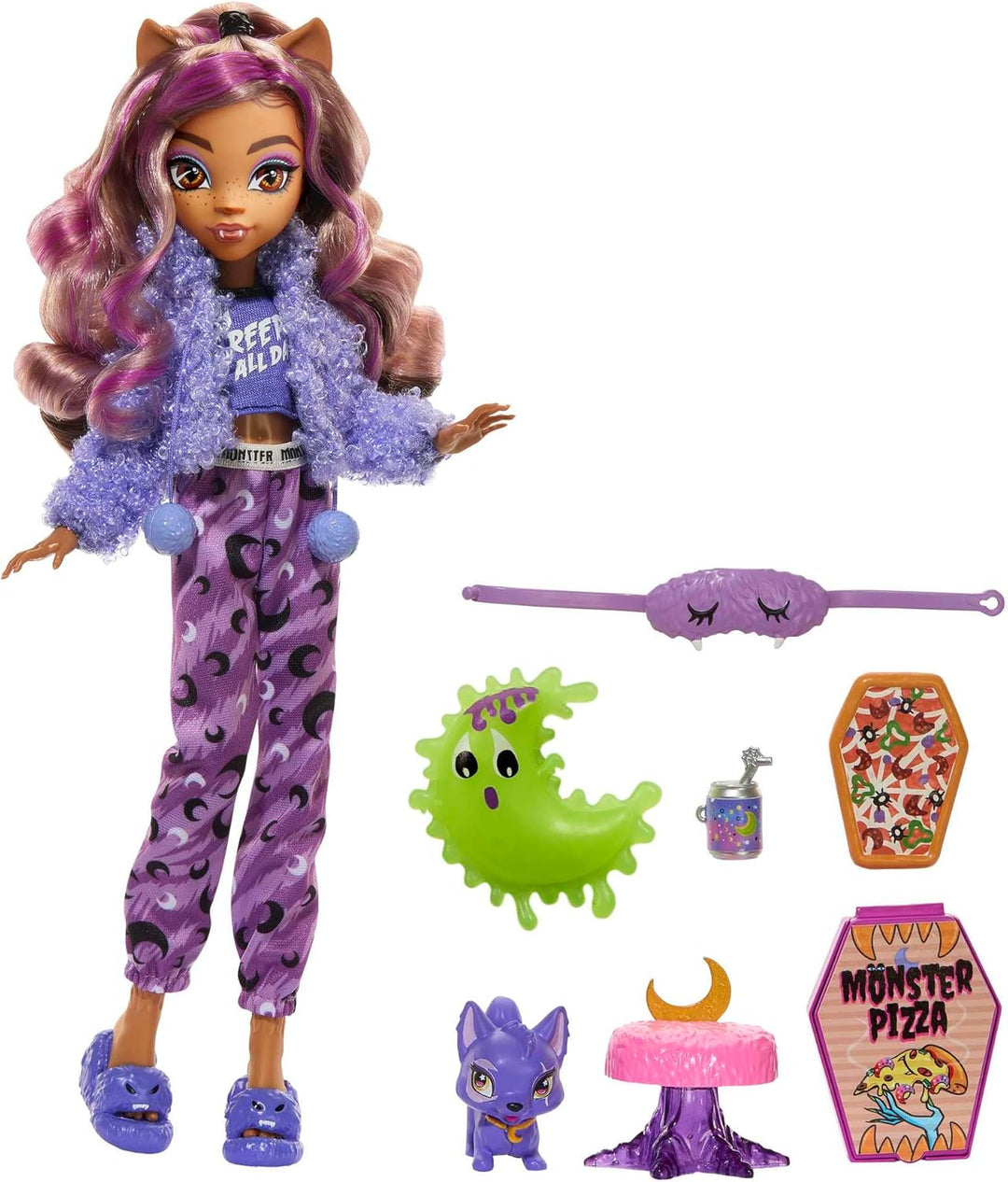 MONSTER HIGH Puppe und Sleepover Zubehör, Clawdeen Wolf Puppe mit Pet Cat Crescent, Creepover Party,
