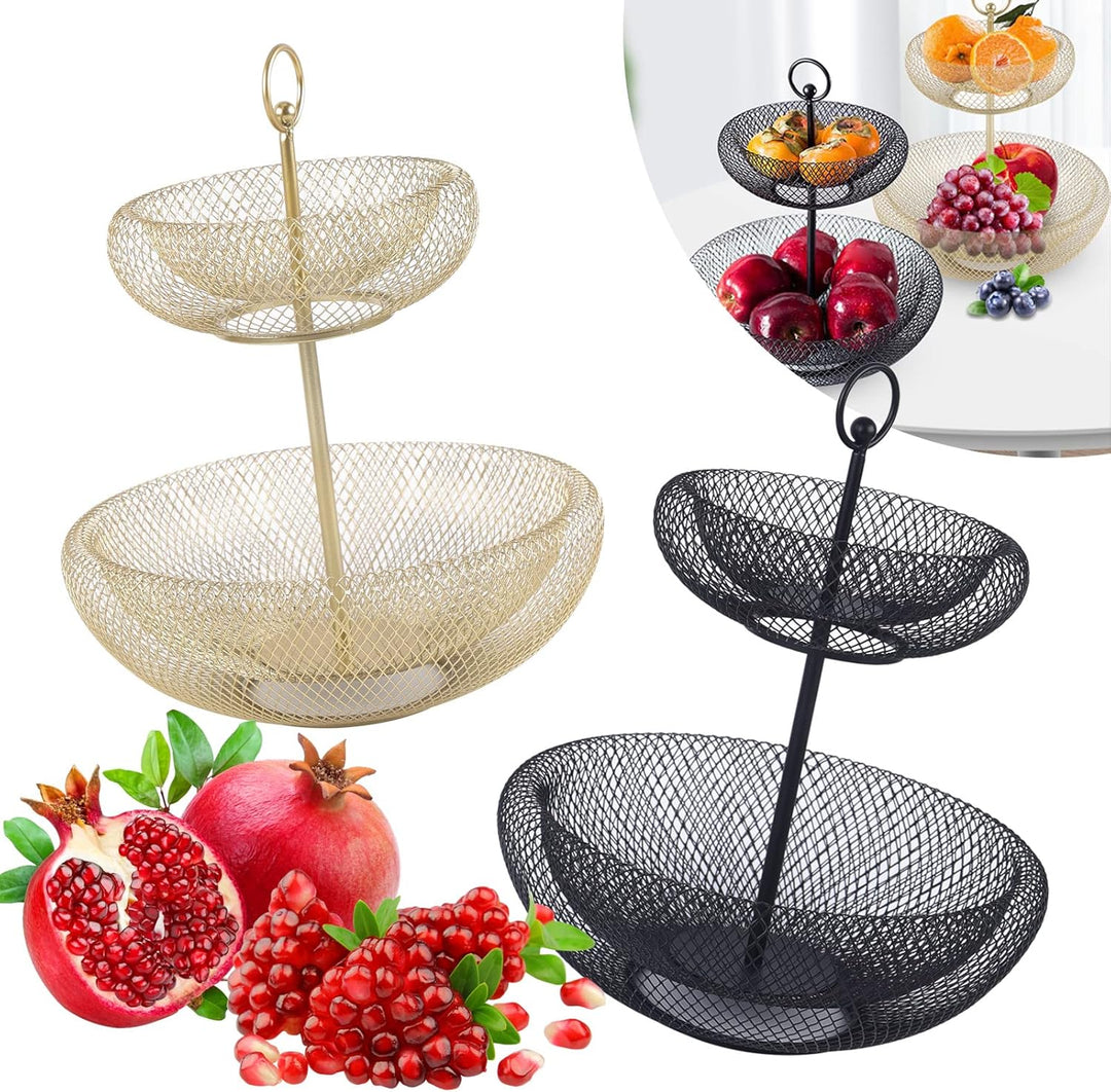 Schwarz Obst Etagere mit 2 Stöckig Platzsparendes Obstschale mit Bambusholzständer Servierschalen fü