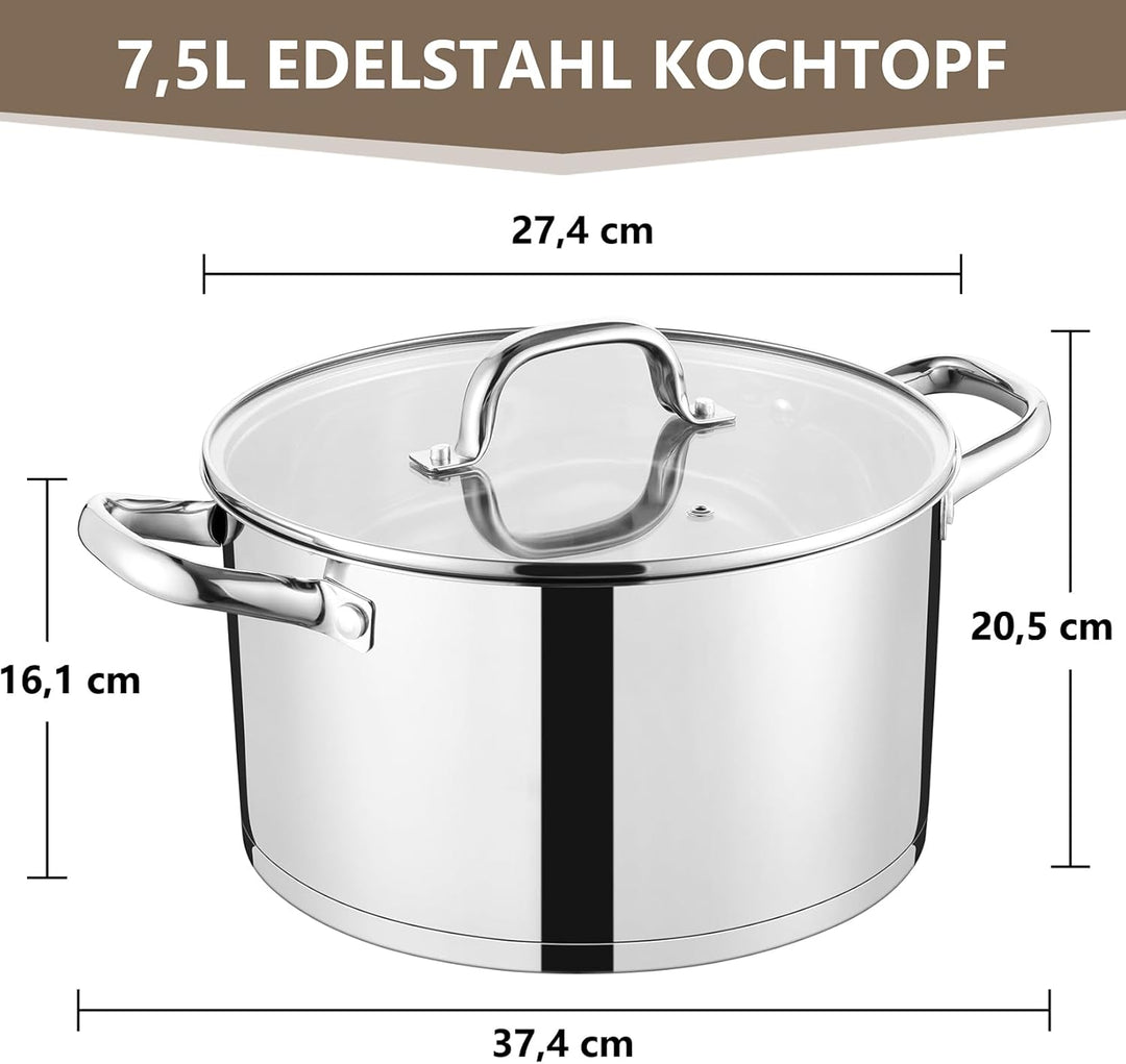 26cm Kochtopf, Onader 3-Lagiger Boden Edelstahl Topf Induktion mit Glasdeckel, 7,5L Gross Nudeltopf