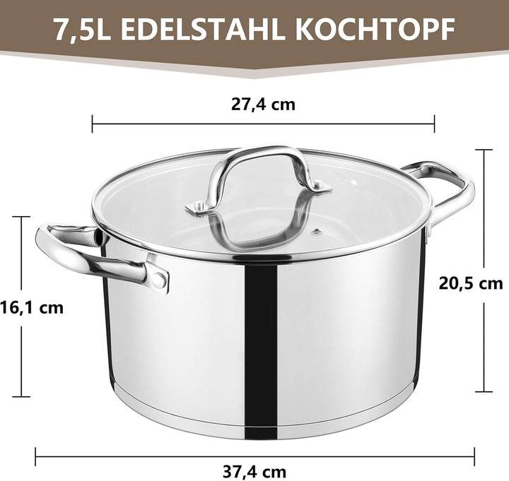 26cm Kochtopf, Onader 3-Lagiger Boden Edelstahl Topf Induktion mit Glasdeckel, 7,5L Gross Nudeltopf
