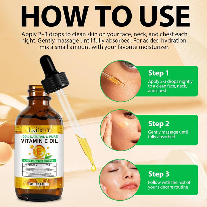 Vitamin E Öl Bio für Kosmetik, Vitamin E Tropfen, 75,000 IU, 100% Reines Natürliches vitamin e Öl fü