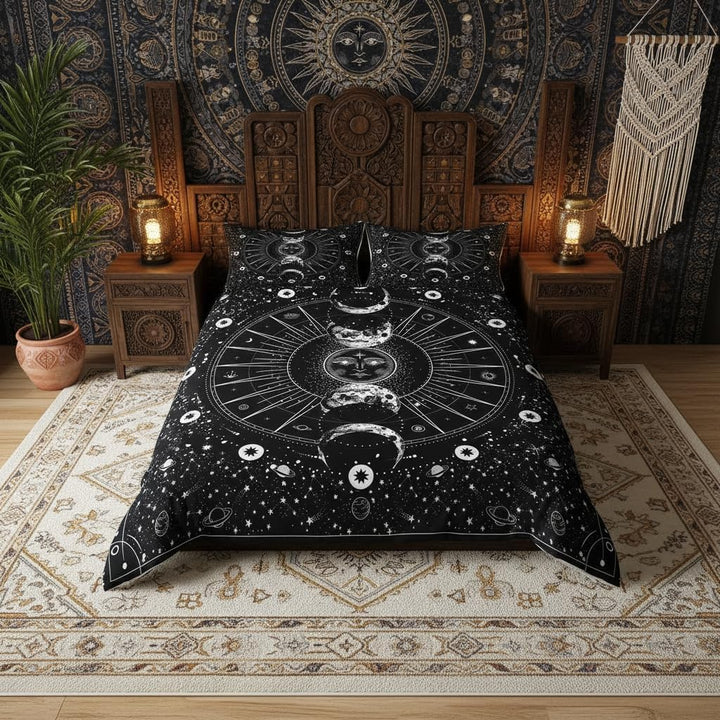 feelingyou Sonne Mond Bettwäsche-Set,Psychedelisch im Boho-Stil Bettwäsche Set 155x220cm,Schwarz und