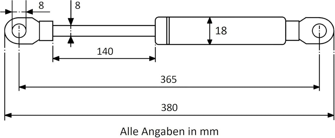 Secuplan Gasdruckfeder 365 mm, 140 mm Hub, 500 N, Ø 8/6 mm, abnehmb. Augen Gasdruckdämpfer, Gasfeder