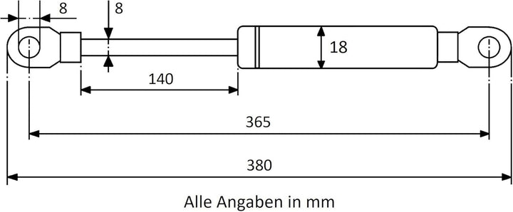 Secuplan Gasdruckfeder 365 mm, 140 mm Hub, 500 N, Ø 8/6 mm, abnehmb. Augen Gasdruckdämpfer, Gasfeder