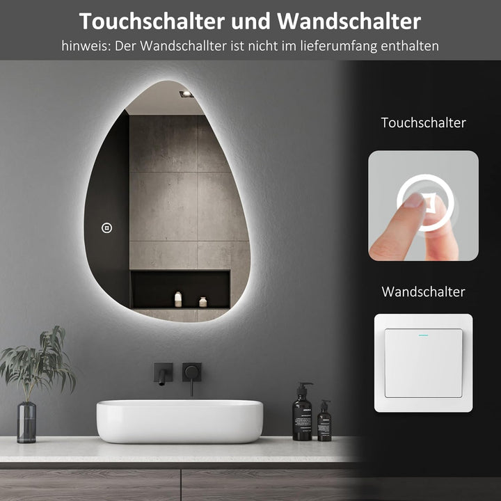 Boromal Asymmetrischer Spiegel mit Beleuchtung 65x90cm Badspiegel mit LED-Beleuchtung, Touch-Schalte