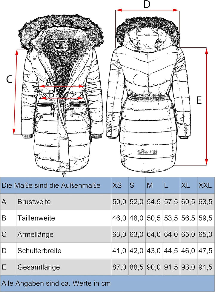 Navahoo Damen Wintermantel Warmer Steppmantel lang mit Abnehmbarer Kunstfell-Kapuze Paula XS-5XL XS