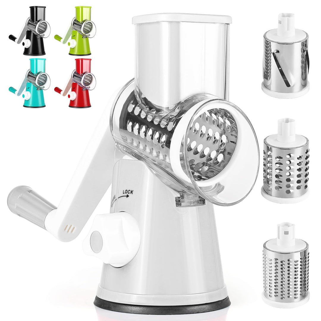 Dreamhigh® Käsereibe mit Kurbel, Gemüseschneider 3 Edelstahl Austauschbaren Trommelklingen, Manuelle