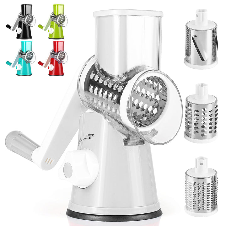 Dreamhigh® Käsereibe mit Kurbel, Gemüseschneider 3 Edelstahl Austauschbaren Trommelklingen, Manuelle