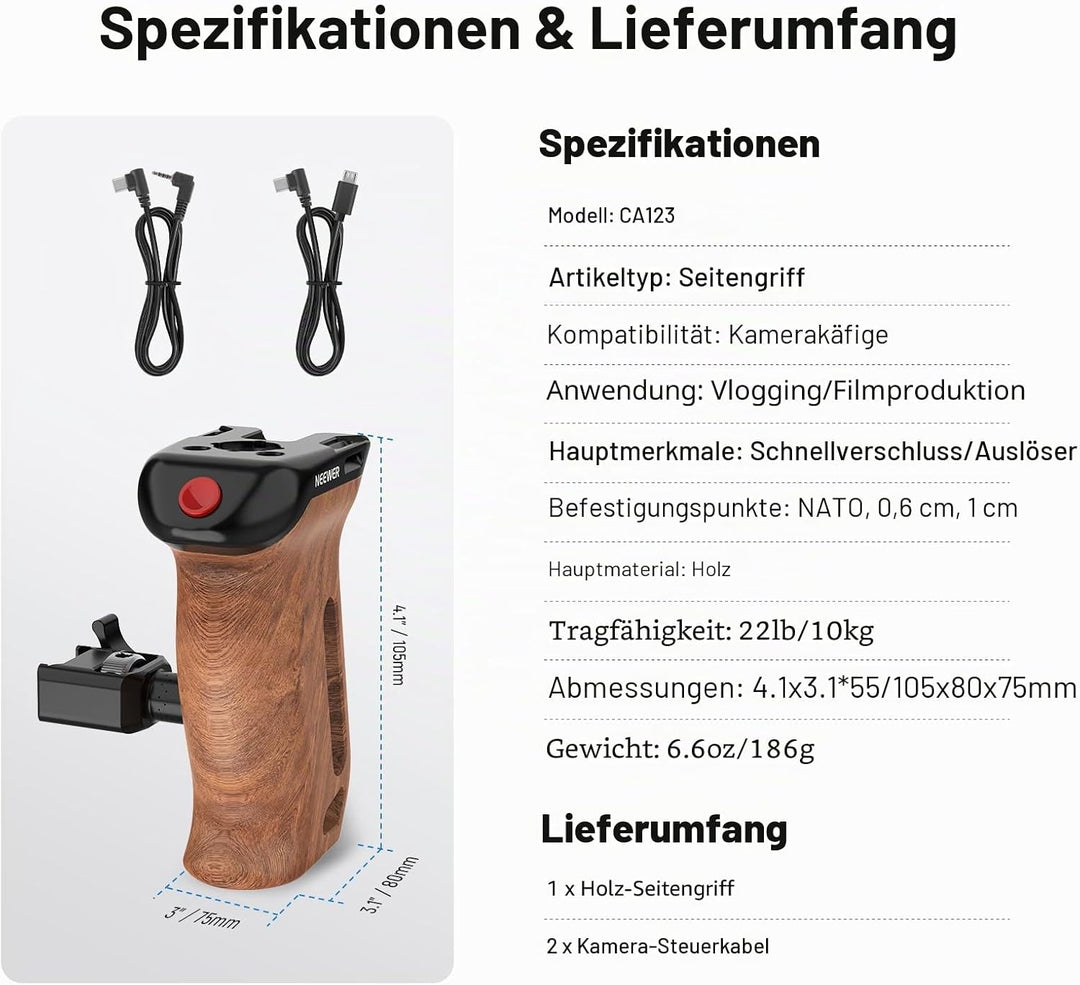 NEEWER Side Handle Holz Seitengriff mit Fernauslöser für Aufnahme Start/Stopp, NATO Klemme 1/4" und