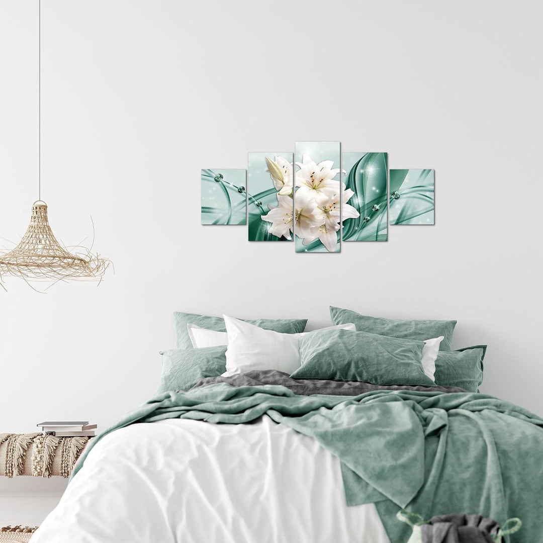 Runa Art Wandbilder Blumen Lilien 5 Teilig Bild auf Vlies Leinwand Deko Wohnzimmer Abstrakt Grün 017