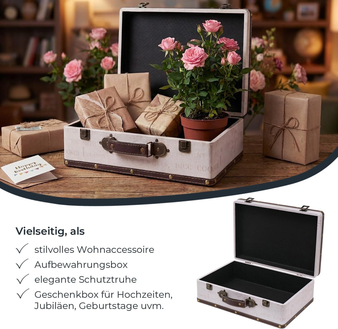 HMF Vintage Deko Koffer aus Holz, Aufbewahrungsbox mit Deckel und Ledergriff, stilvolle Aufbewahrung