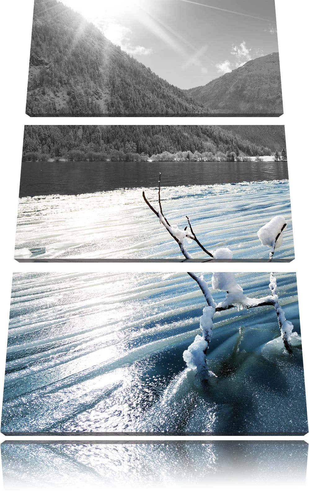 Pixxprint Ruhiger See im Winterwald als Leinwandbild/Grösse: 3 Teilig (120x80) cm/Wandbild/Kunstdruc