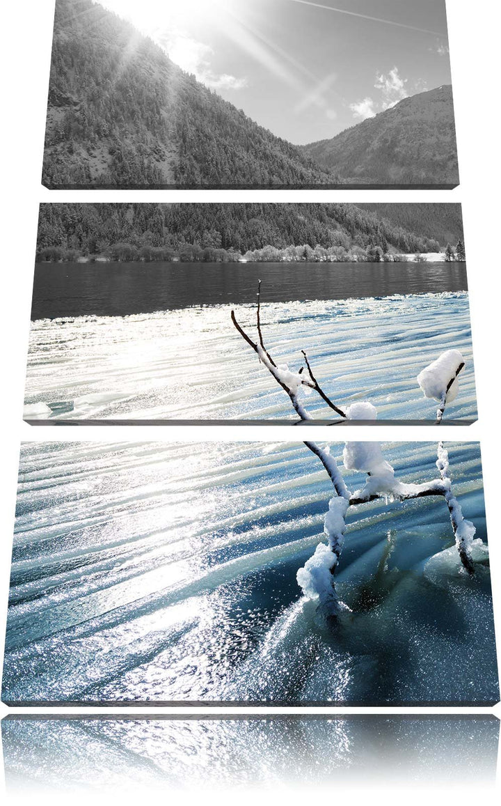 Pixxprint Ruhiger See im Winterwald als Leinwandbild/Grösse: 3 Teilig (120x80) cm/Wandbild/Kunstdruc