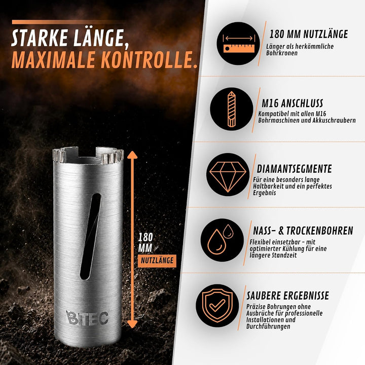 BTEC Diamant Bohrkrone SDS-plus lang (200mm) Aufnahme und Zentrierbohrer Nutzlänge 180 mm Ø 32 mm Be