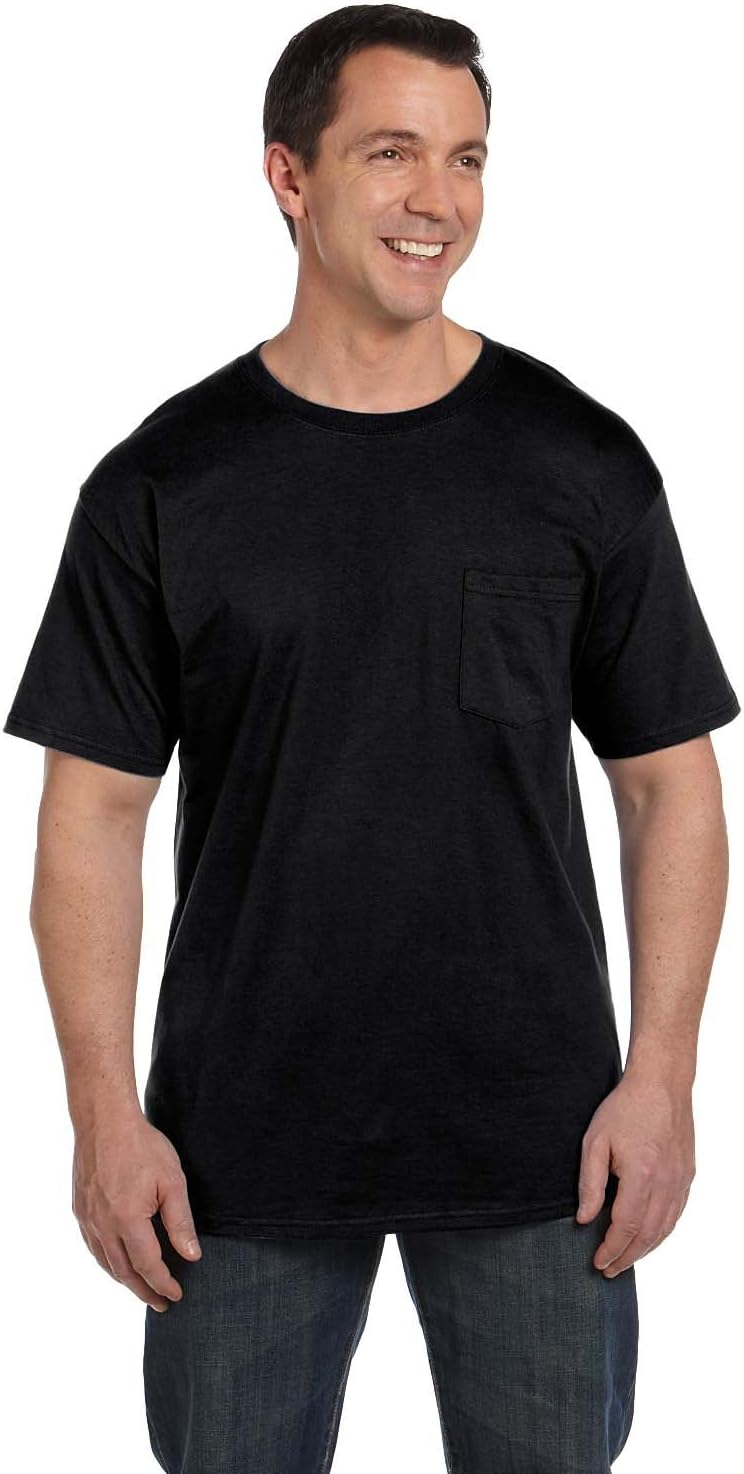 Hanes Herren Kurzarm T-Shirt mit Tasche, 5190, Schwarz, 5190 L