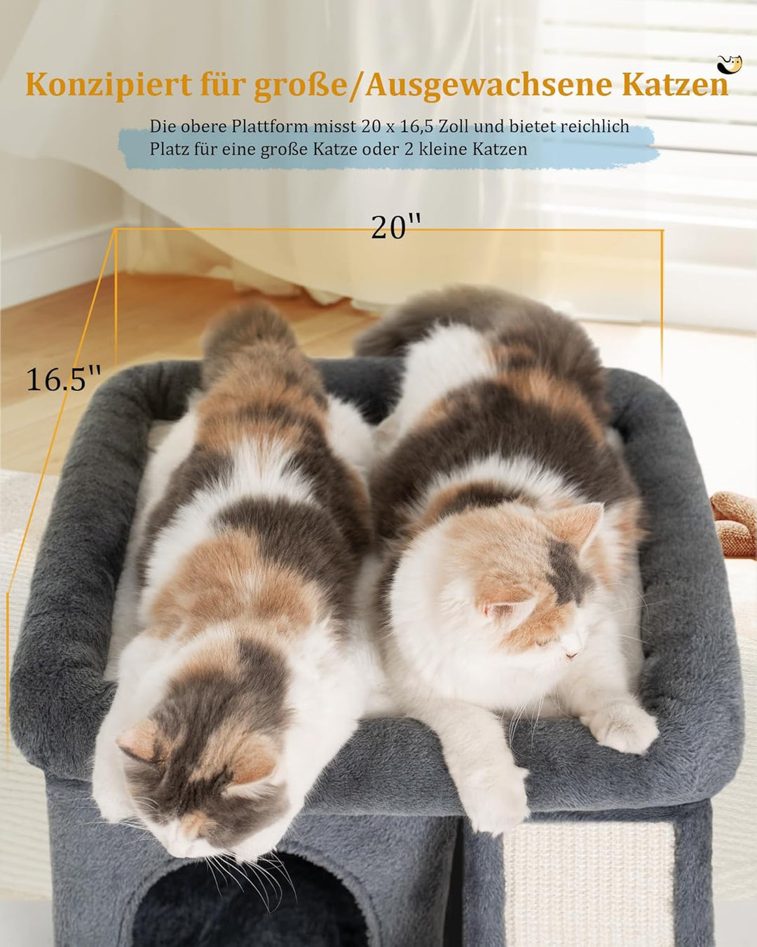Kratzbaum für Grosse Katzen Stabil, Katzenbaum mit Gross Liegefläche(51x41cm), 2 Tier Katzenhöhle To