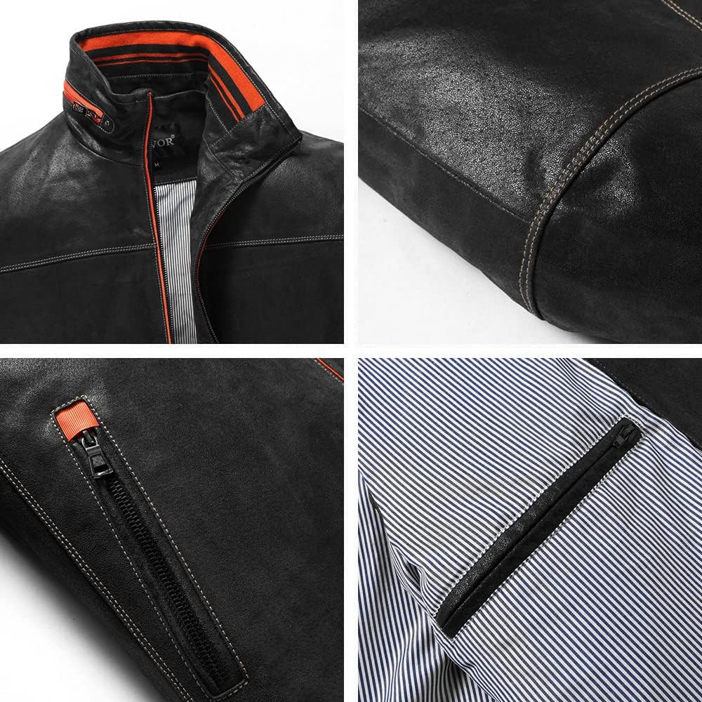 FLAVOR Echtes Leder Herren Lederjacke Stehkragen Blau Lässig M Schwarz, M Schwarz
