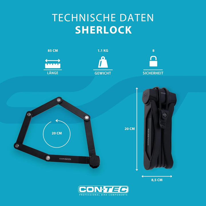 CONTEC Fahrrad Falt-Schloss SherLock, robuster Tredur-Spezial-Stahl, 85 cm mit Halterung, Wende-Schl