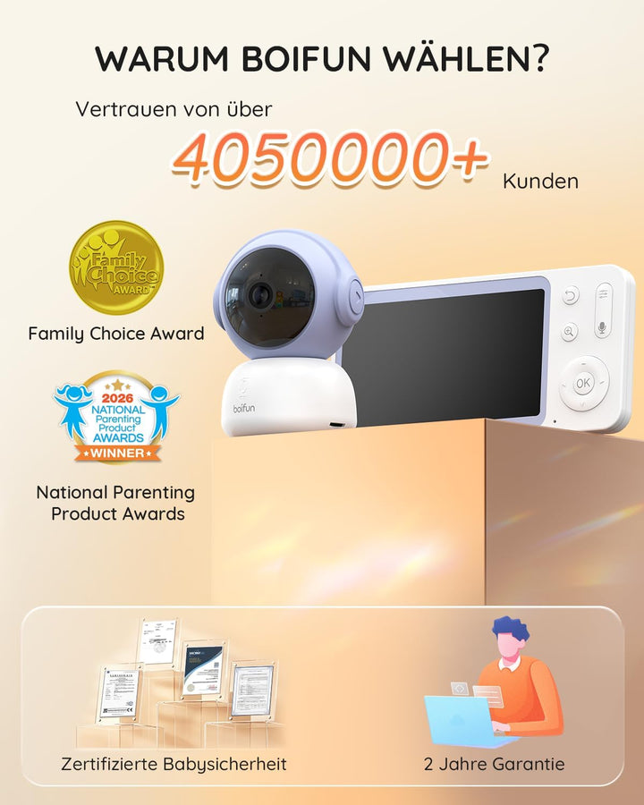 Boifun Babyphone mit Kamera und App, 5" 2K Bildschirm Babyfon, Weinen/Bewegungs/Geräuscherkennung,PT