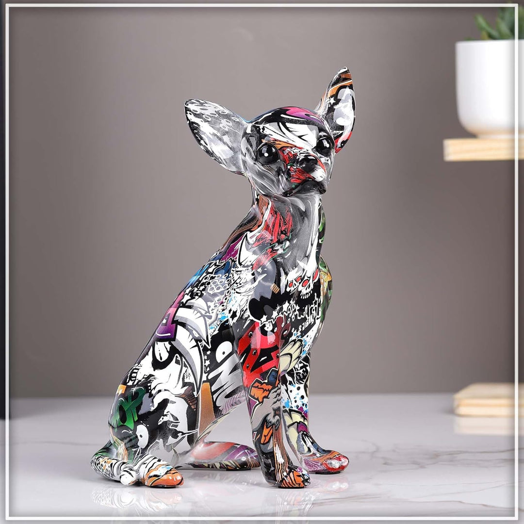 orenm Bunte Chihuahua-Statue, Moderne Graffiti-Kunst, Mehrfarbig, Hundefigur, Kunstharz, Heimdekorat