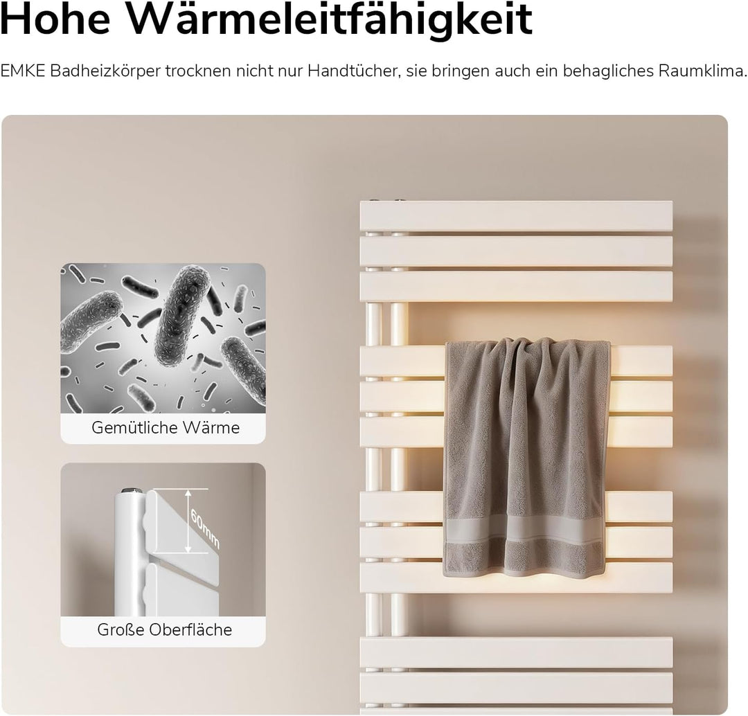 EMKE Badheizkörper Handtuchhalter 1041x600 mm, Handtuchheizkörper Seitenanschlusss Flach Handtuchwär