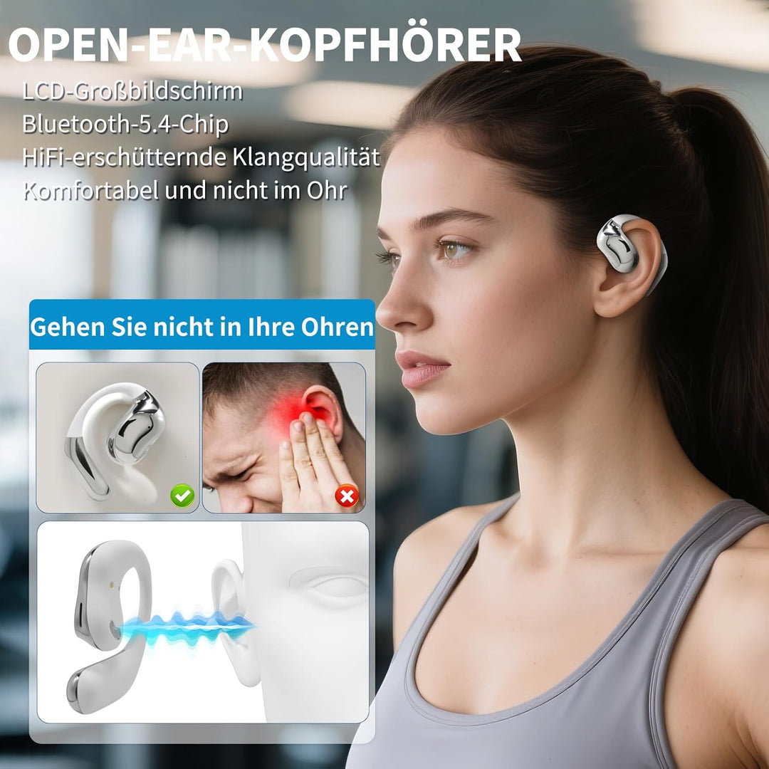 Öffnen Ohrhörer, Open Earbuds mit Touchscreen, Knochenleitung Drahtlose Ohrhörer, Bluetooth 5.4, 120