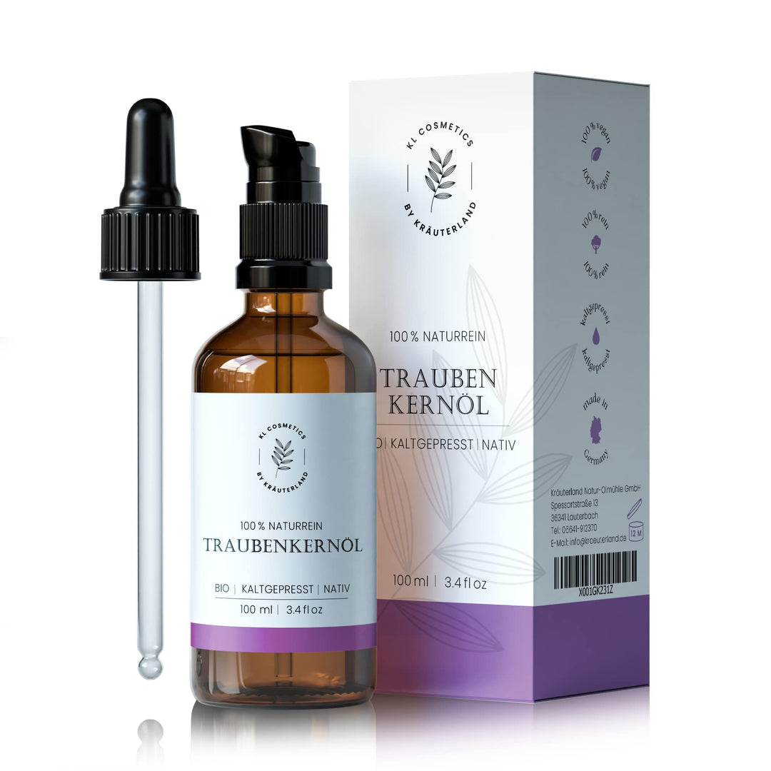 Kräuterland - Traubenkernöl Bio Hautöl 100ml - 100% rein, kaltgepresst - Pflege für Gesicht, Körper,