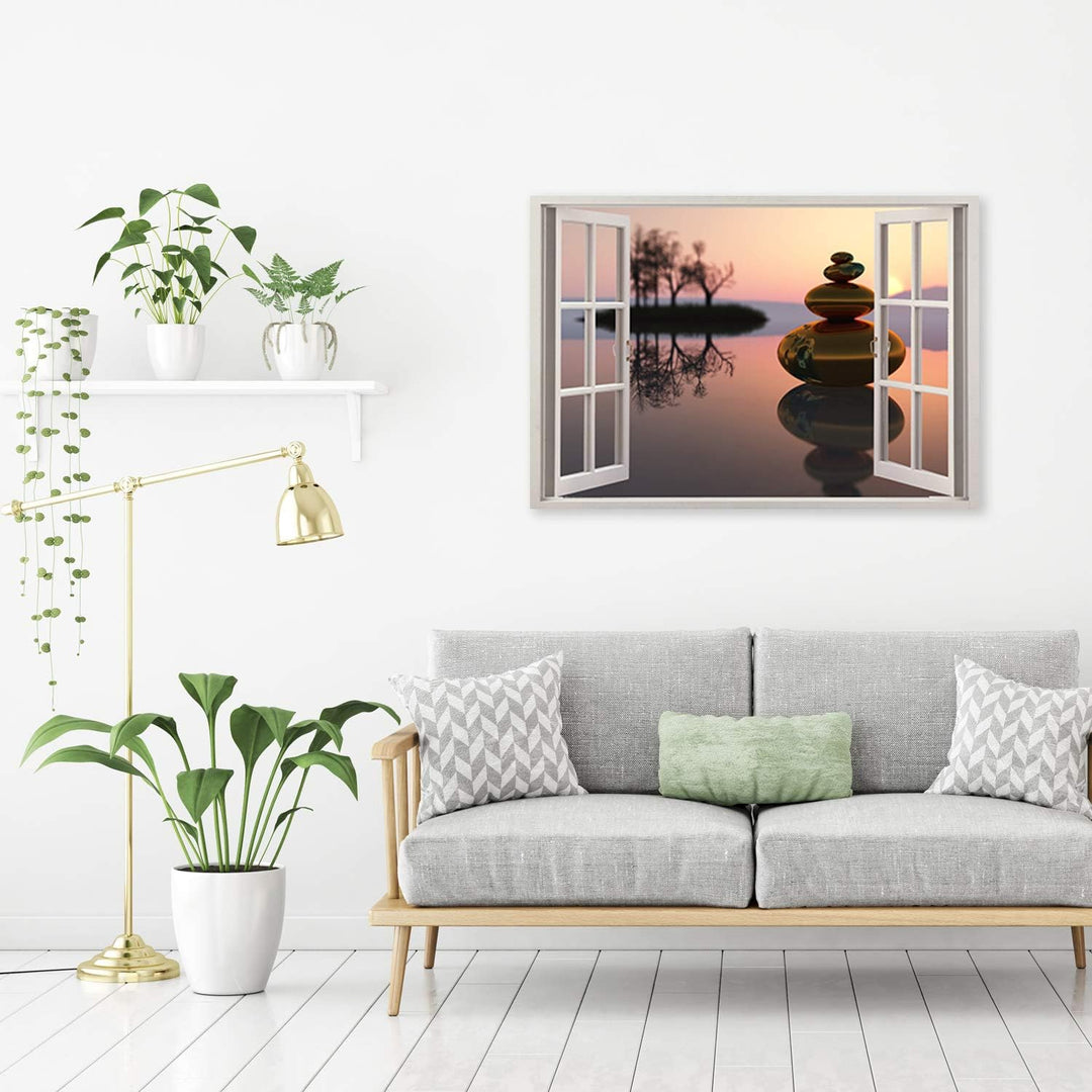 Feeby Wandbild Zen Steine Druckbild Leinwandbild Fenster-Illusion Braun 90x60 cm Leinwandbild 90x60