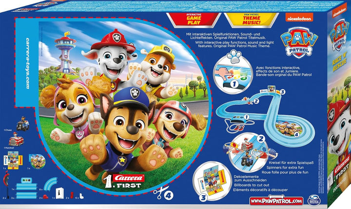 Carrera First PAW Patrol, Race 'N' Rescue – 3,5 Meter Lange Bahn mit Licht-, Sound- & Musikeffekten,