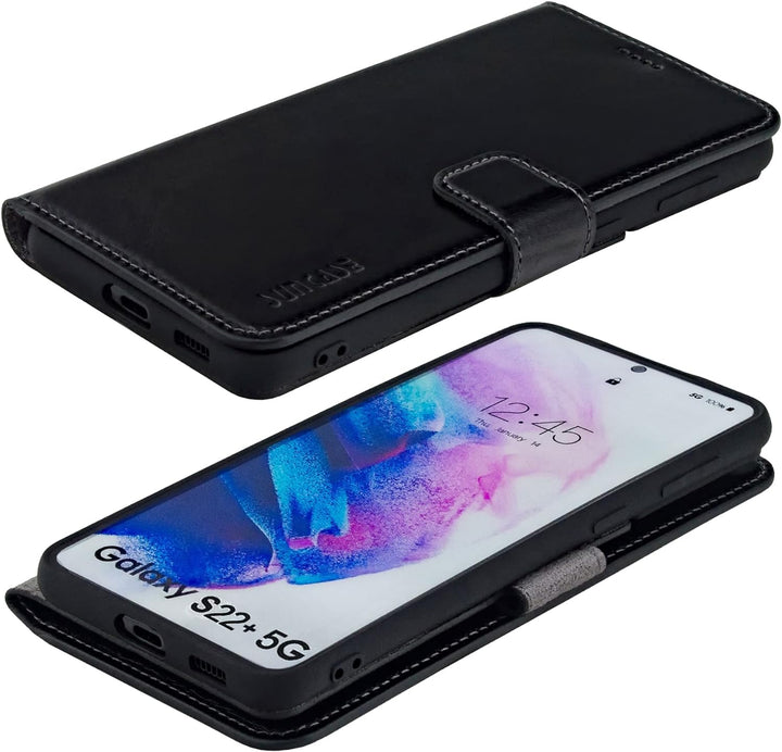 Suncase Book-Style Hülle kompatibel mit Samsung Galaxy S22 Plus 5G Leder Tasche (Slim-Fit) Lederhüll