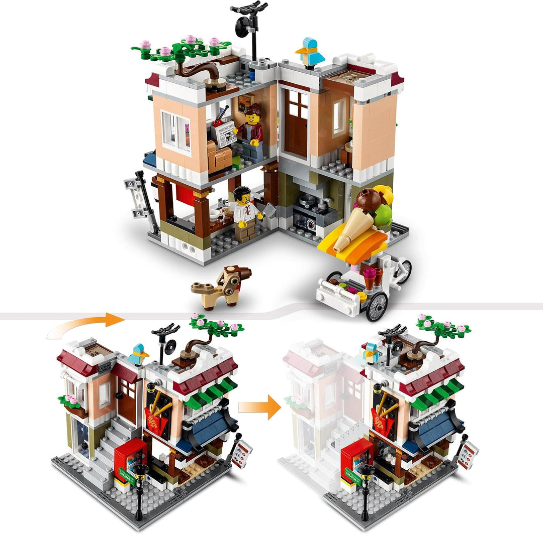 LEGO 31131 Creator Nudelladen, Fahrradladen und Spielhalle, 3in1 Konstruktionsspielzeug mit Zubehör