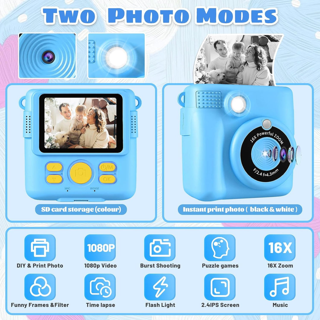 CHRERNA KinderKamera, Sofortbildkamera Kinder Geschenke für 3-12 Jahre Jungen und mädchen,1080P HD 2