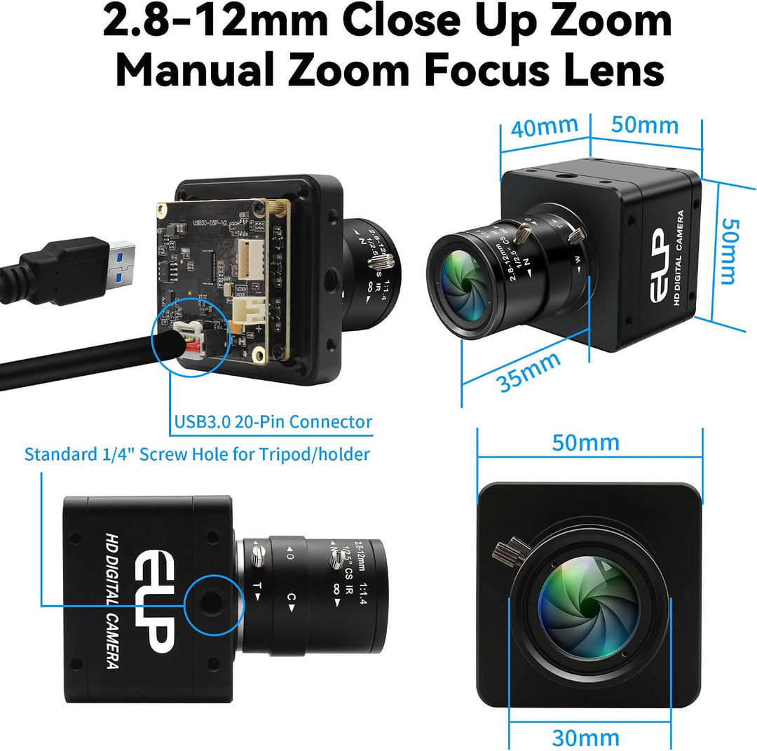 ELP Global Shutter Farbkamera mit USB 3.0, 120/200 FPS Ultrahohe Bildrate, Webcam, 1200P 2,8–12 mm 4