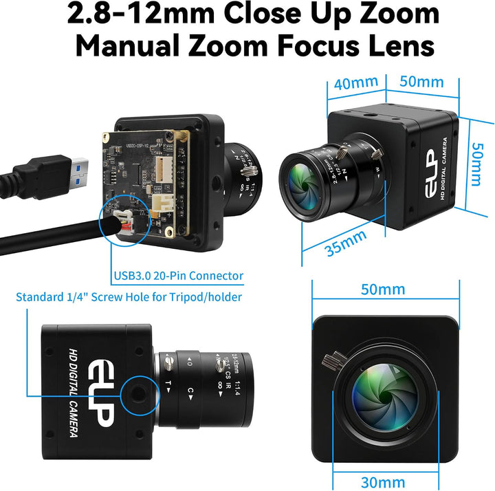 ELP Global Shutter Farbkamera mit USB 3.0, 120/200 FPS Ultrahohe Bildrate, Webcam, 1200P 2,8–12 mm 4