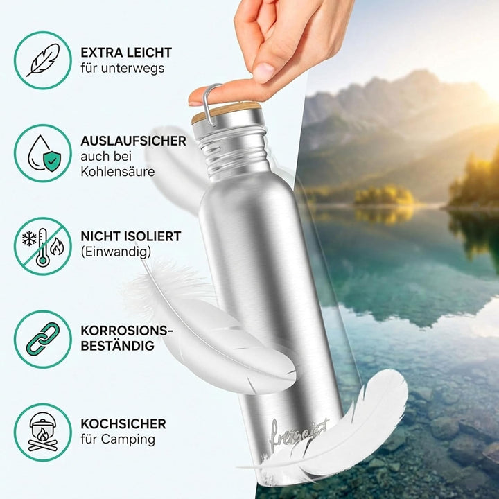 freigeist Trinkflasche Edelstahl 1l einwandig mit Gratis Sportverschluss - Trinkflasche 1l | 750 | 5