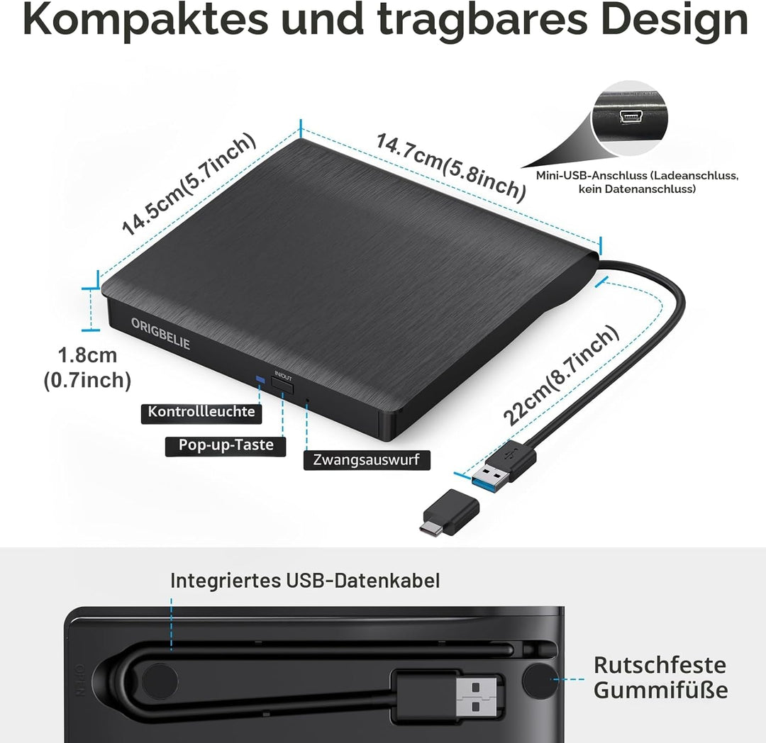 Externes DVD Laufwerk, USB 3.0 Externer DVD Brenner +/-RW CD ROM Externe Optische Laufwerke Tragbare