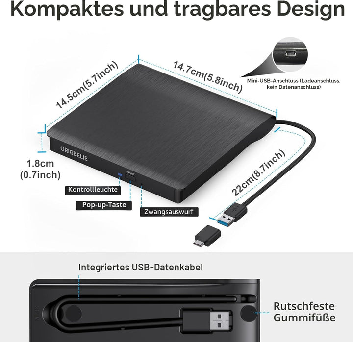 Externes DVD Laufwerk, USB 3.0 Externer DVD Brenner +/-RW CD ROM Externe Optische Laufwerke Tragbare