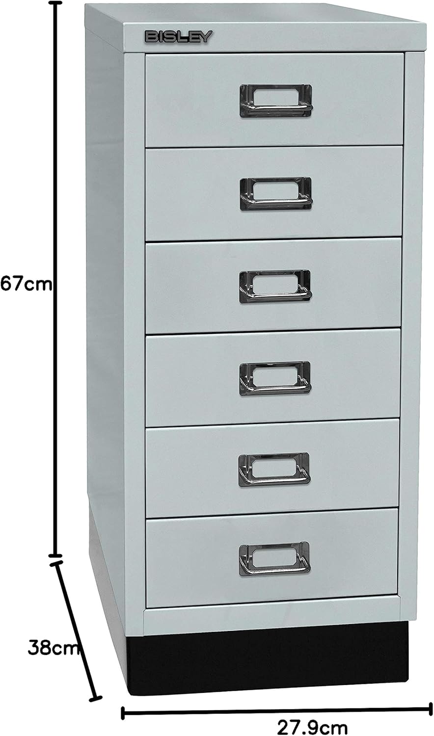 BISLEY MultiDrawer, 29er Serie mit Sockel, DIN A4, 6 Schubladen, Metall, 645 Lichtgrau, 38 x 27.9 x