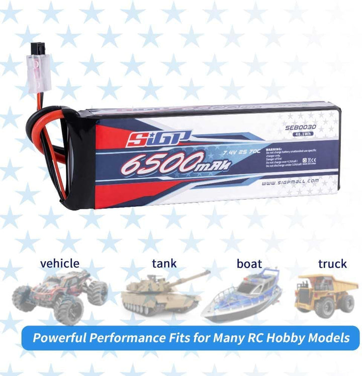 SIGP 2S 7.4V Lipo Battery 6500mAh 70C Soft Case with Deans TRX Plug for RC Car Truck Boat Vehicles T